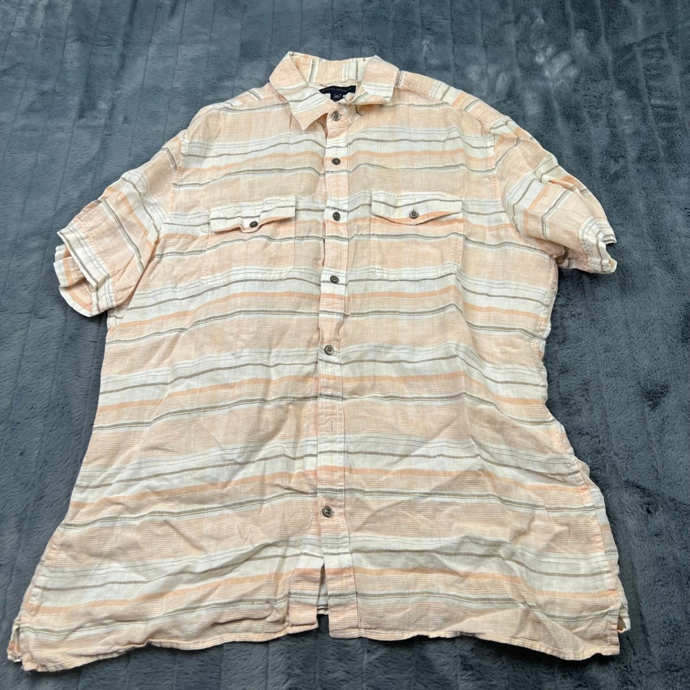 Banana Republic Mens XL Orange Striped 100% Linen Short Sleeve Button Down Shirt